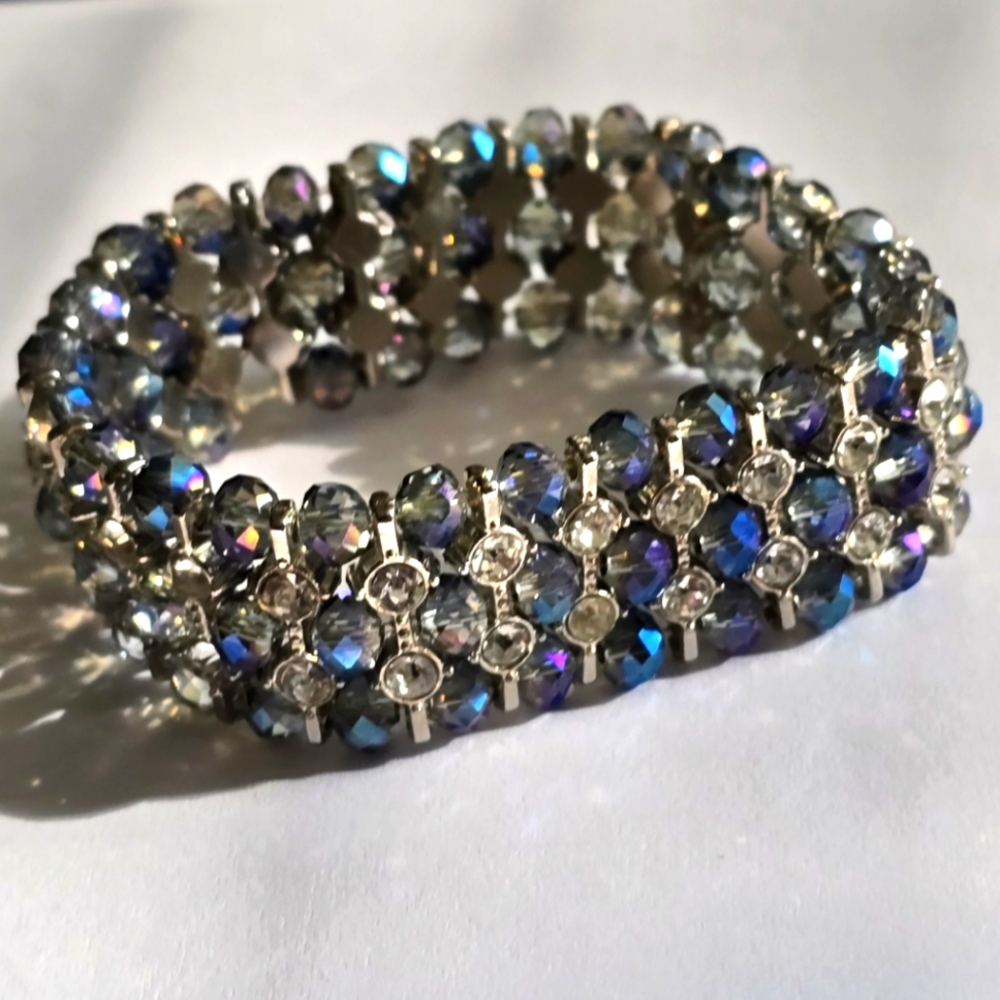 Bracelet Silver Tone Beaded Stretch  with Sparkly Rhinestones 3 row